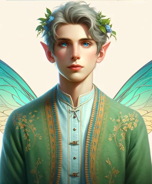Finn Fonkelster, een elf met vleugels en een krans van bloemen in zijn haar